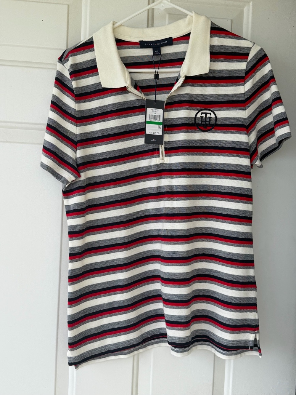 Tommy Hilfiger Short-Sleeve Striped Polo in Cream, Black, Red